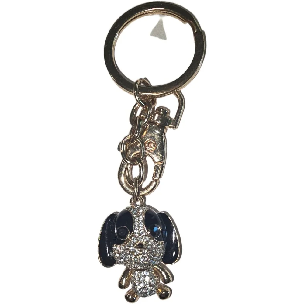 Rhinestone Puppy Dog Keychain Bag Charm Rose Gold Tone Black Enamel Articulated